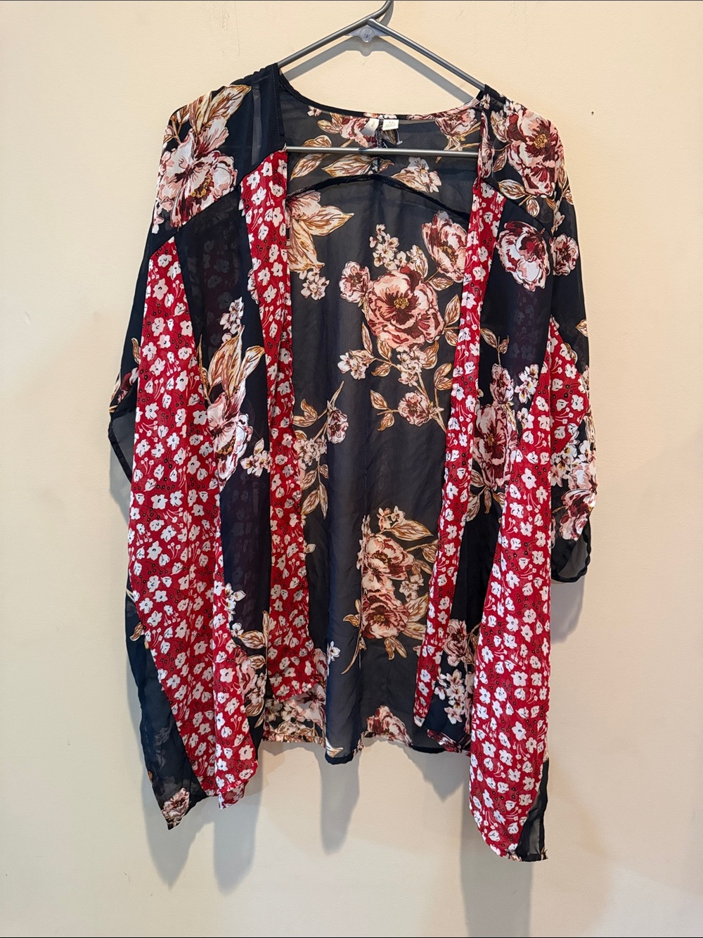 Sheer Floral Patchwork Kimono Tunic - Red & Black